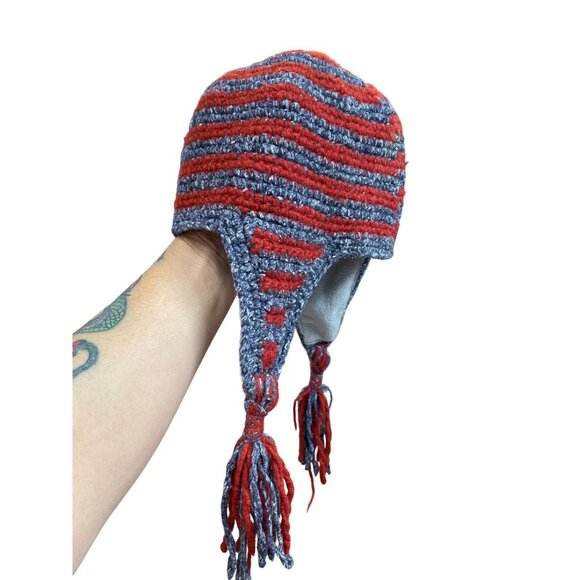 Native Creation Handmade gray red wool Earflap winter hat SKU 9173 - Picture 6 of 14